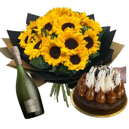 Ramo de 12 girasoles con torta y espumante